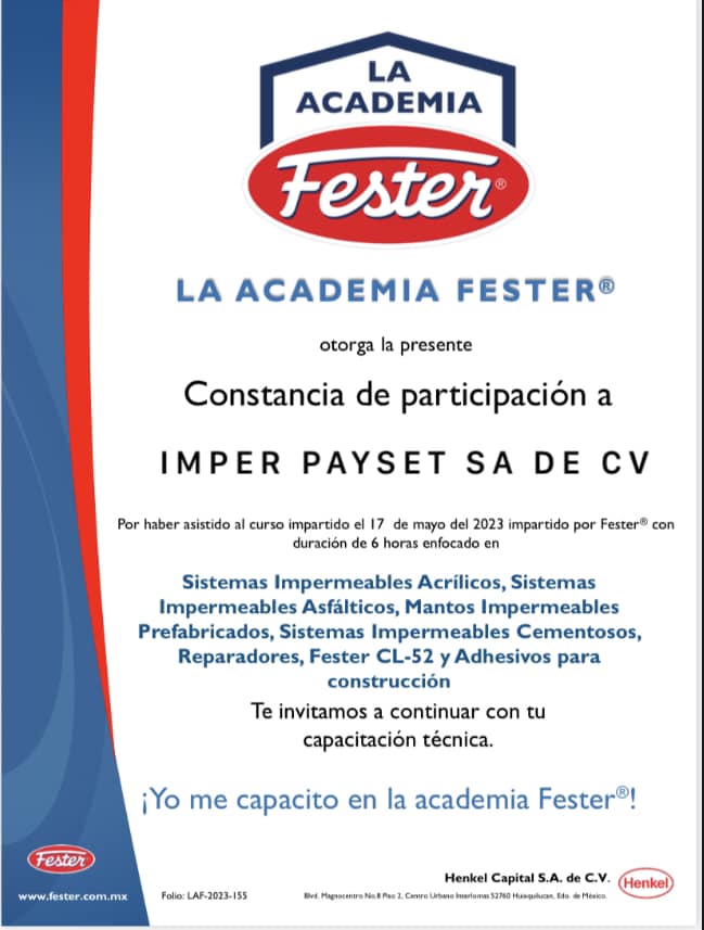 Constancia de participación en Academia Fester para Imper Payset 